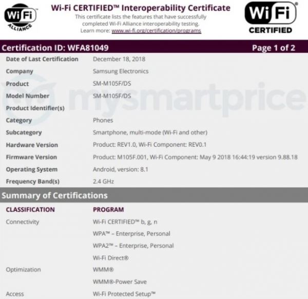 <br />
					Samsung Galaxy M10 с Android Oreo на борту заметили в базе данных Wi-Fi Alliance<br />
				